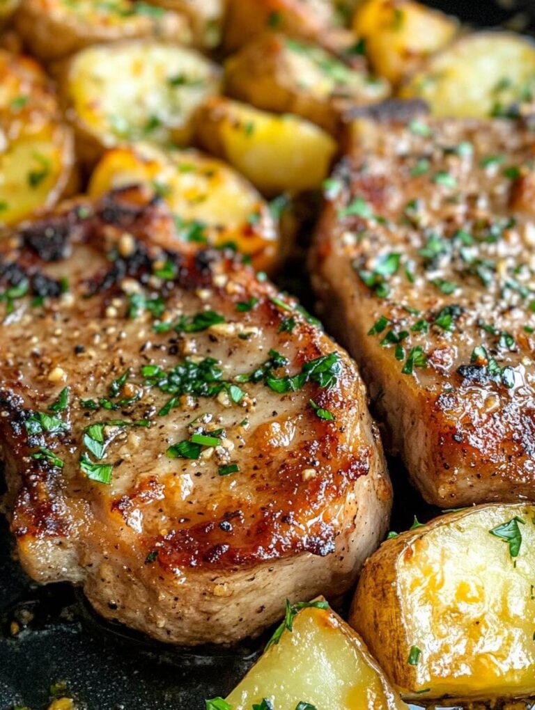 Garlic Butter Pork Chops With Cheesy Potato Bake Recipe