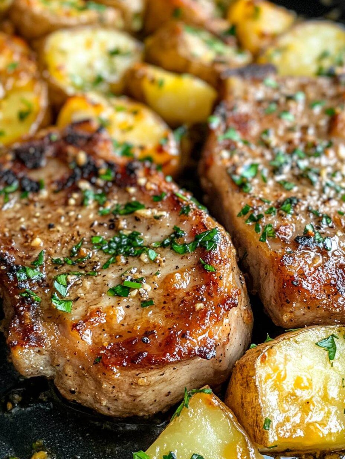 Garlic Butter Pork Chops With Cheesy Potato Bake Recipe