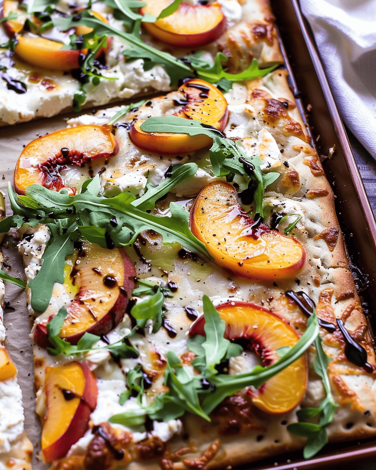 Chicken Peach Ricotta Pizza with Arugula and Balsamic Glaze Recipe