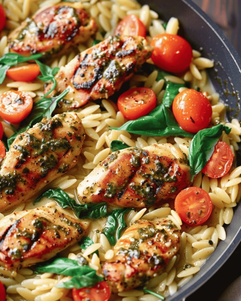 Creamy Chicken Orzo Delight With Spinach, Cherry Tomatoes, And Basil Pesto Recipe