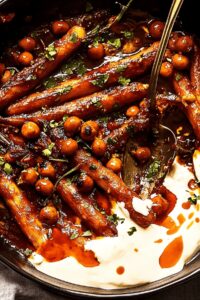 Spicy Maple Roast Carrots with Crispy Chickpeas and Yogurt Sauce Recipe