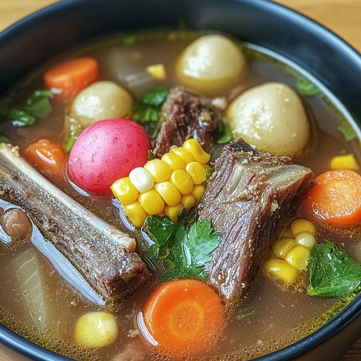 Hearty Beef Rib Soup With Carrots, Corn, And Radishes Recipe