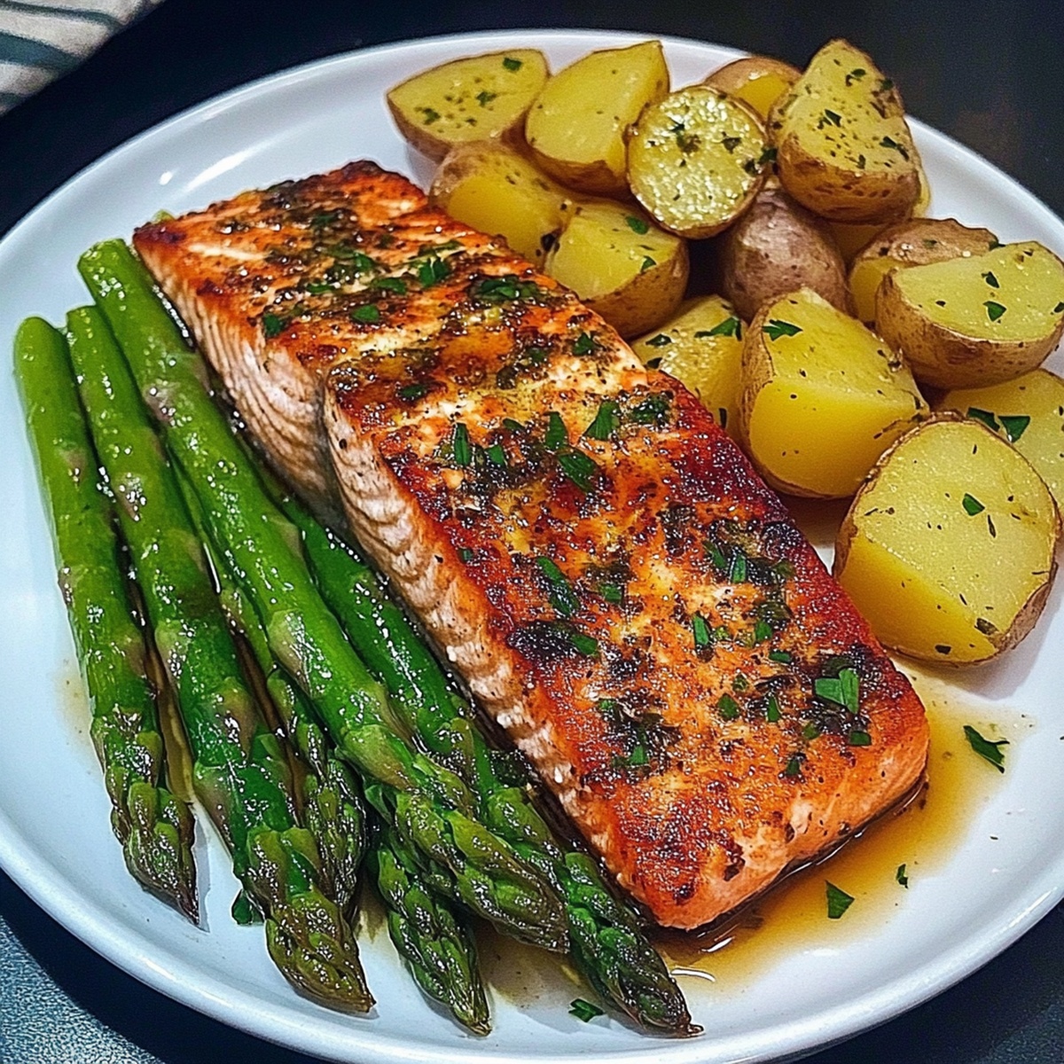 Succulent Garlic Herb Salmon With Asparagus And Potatoes Recipe