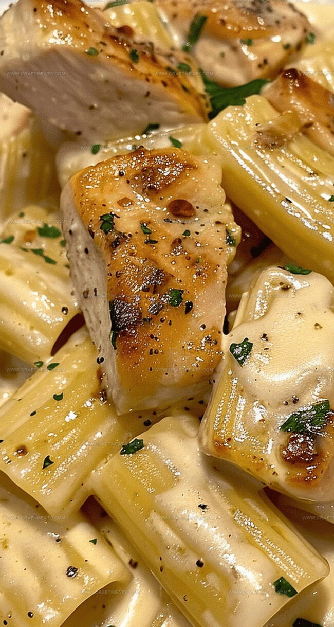 Highlights of Creamy Garlic Butter Rigatoni with Chicken in Parmesan Sauce